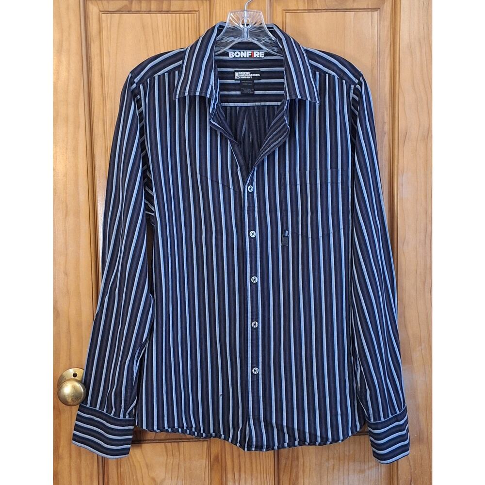 Bonfire Snowboarding Company Shirt Men's Large Striped Cotton Twill Sportswear